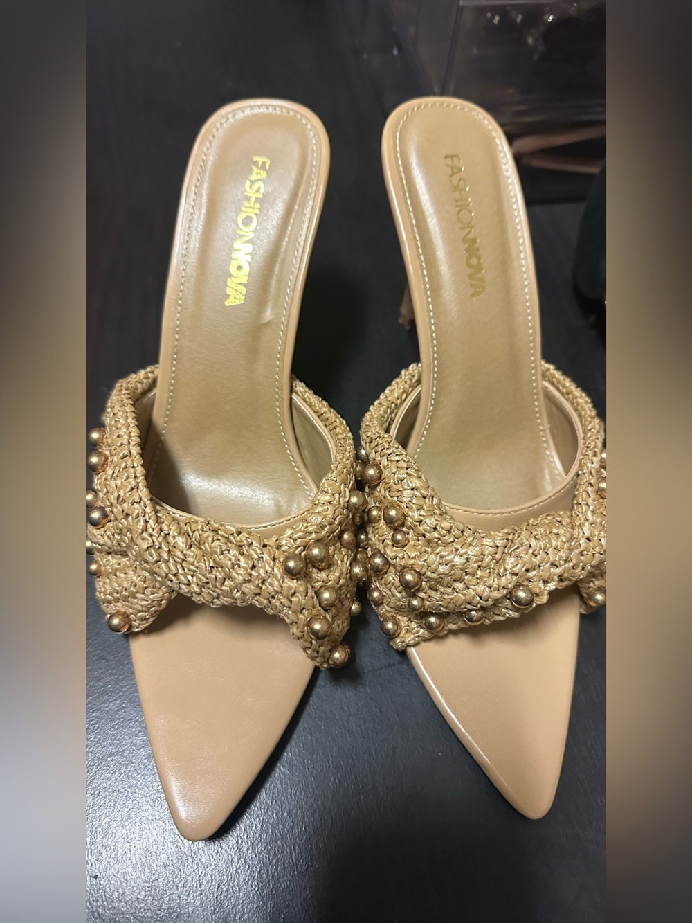 Fashion Nova Beige Braided Beaded Pointed Mule Heels